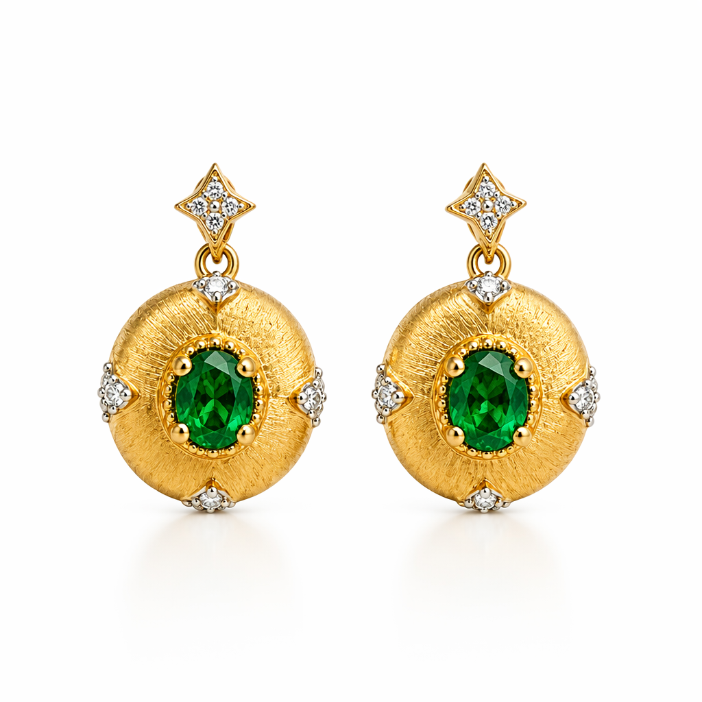 Emerald diamond drop earrings with textured gold disc — 18K yellow gold vintage design | Tayam Sydney CBD