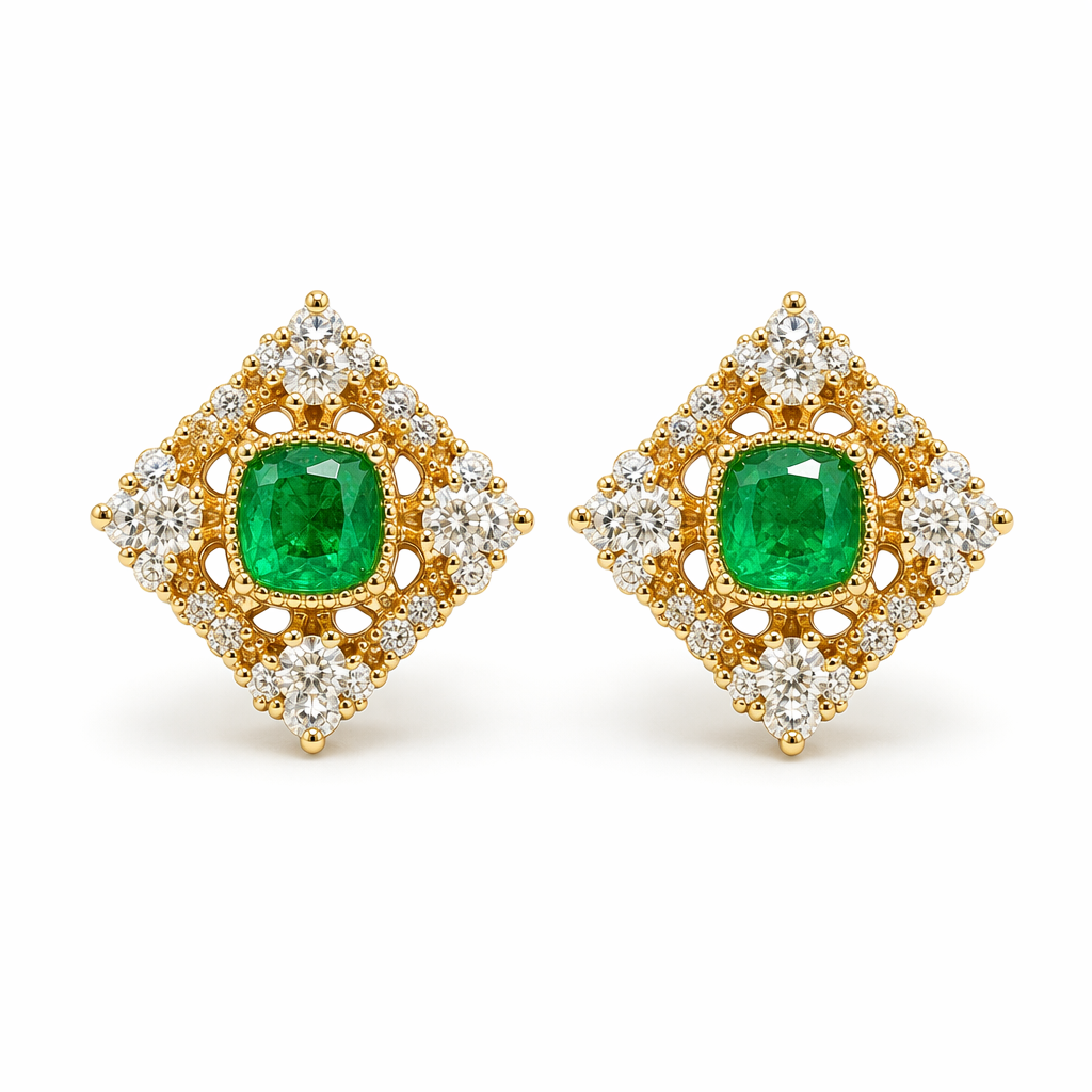 Emerald diamond stud earrings in 18K yellow gold — cushion cut emerald ornate lattice halo | Tayam Sydney CBD