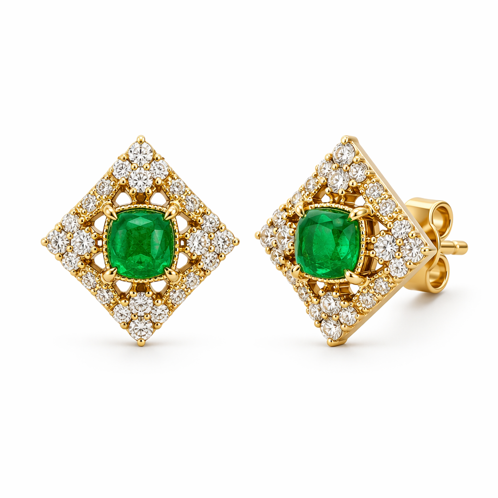 Emerald diamond stud earrings close-up — diamond halo four-point accents 18K gold | Tayam Sydney
