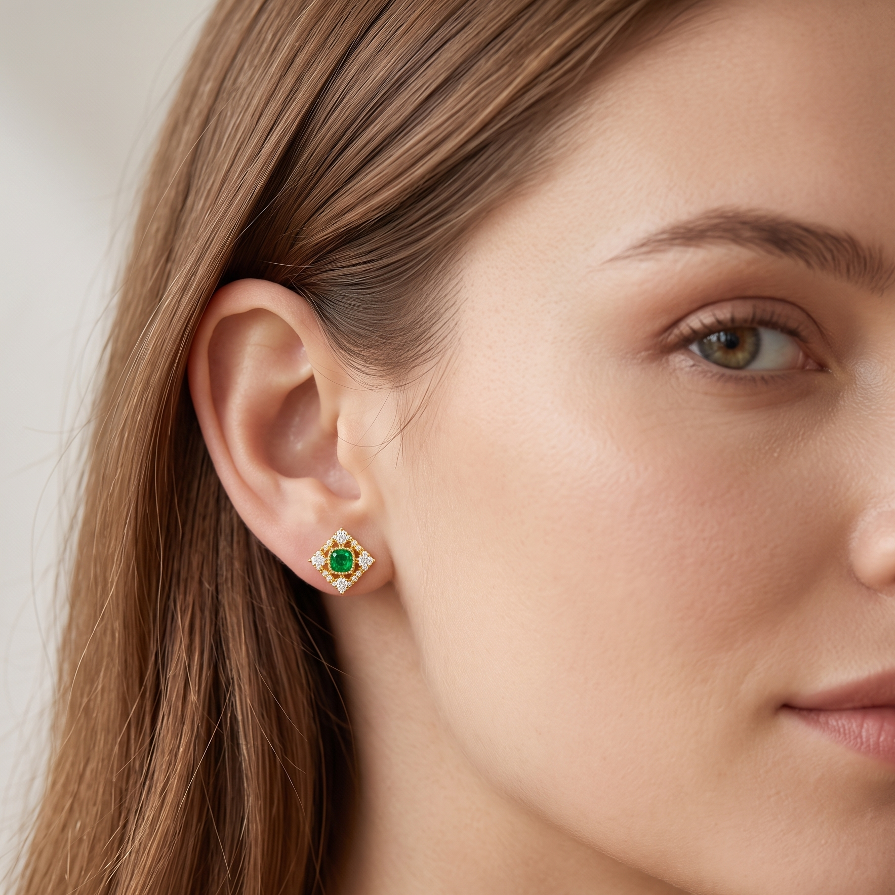 Emerald diamond stud earrings side profile — 18K yellow gold ornate design | Tayam Jewellery Sydney