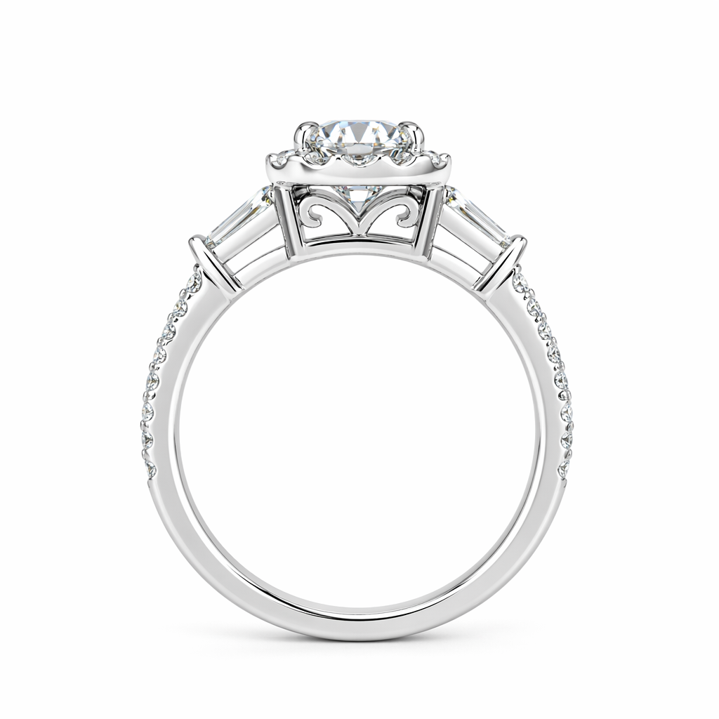 Emerald cut halo diamond ring side profile — baguette shoulders cut-claw band | Tayam Sydney