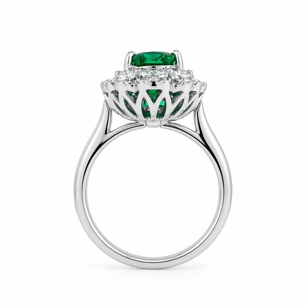 2ct emerald pear ring side profile — royal halo setting in 18K white gold | Tayam Sydney CBD