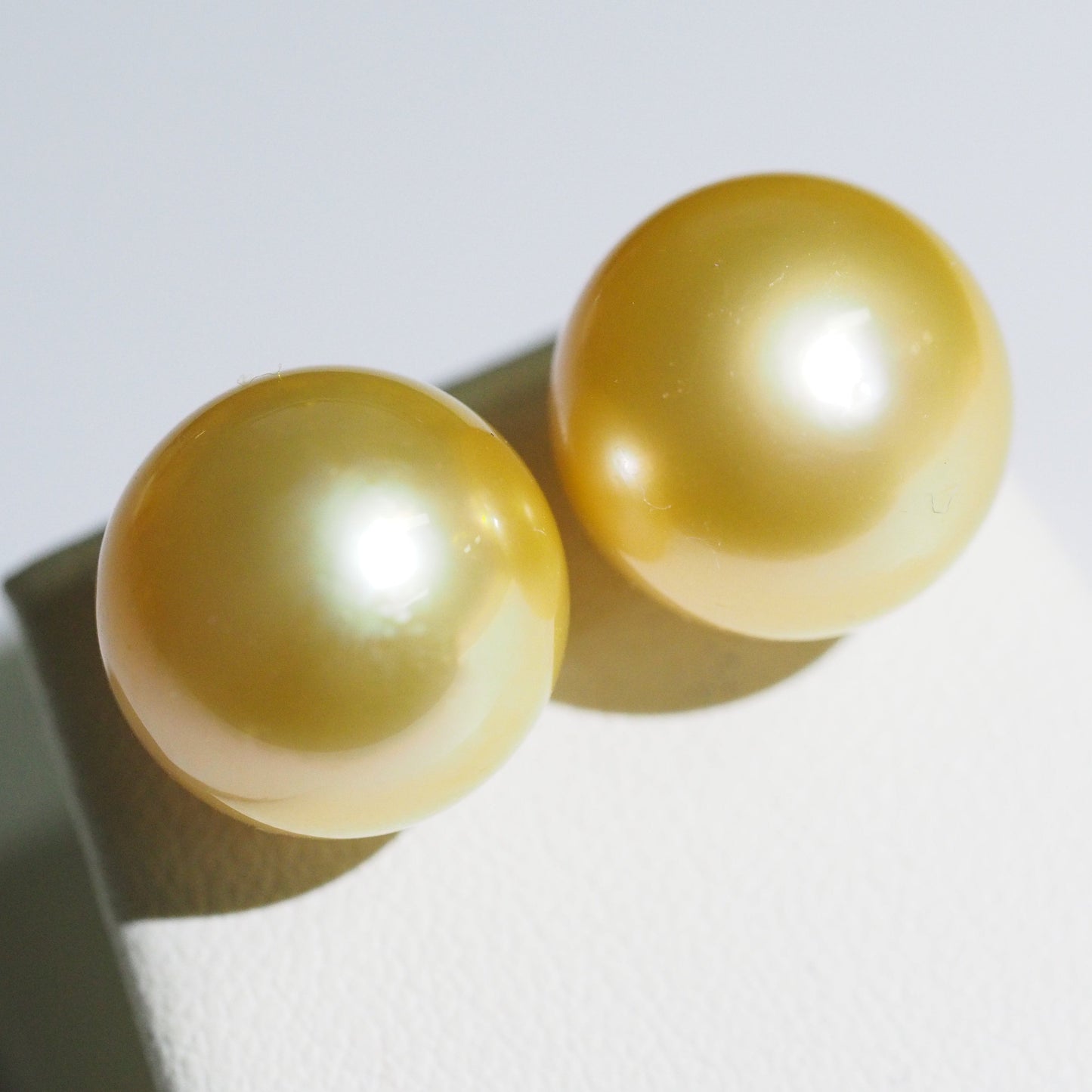 Golden South Sea pearl earrings close-up — AAA lustre 18K yellow gold | Tayam Jewellery Sydney