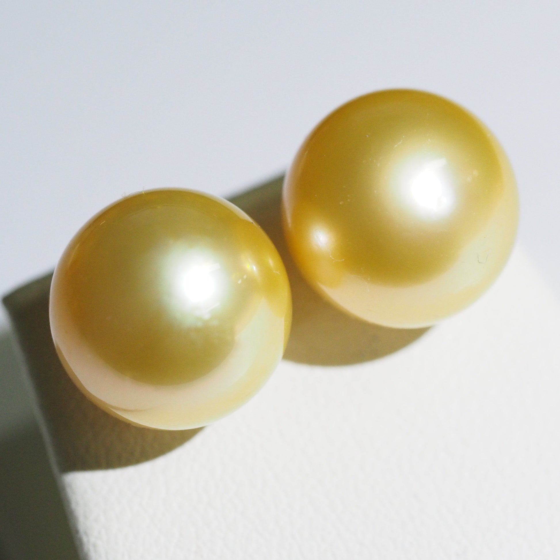 Golden South Sea pearl earrings close-up — AAA lustre 18K yellow gold | Tayam Jewellery Sydney