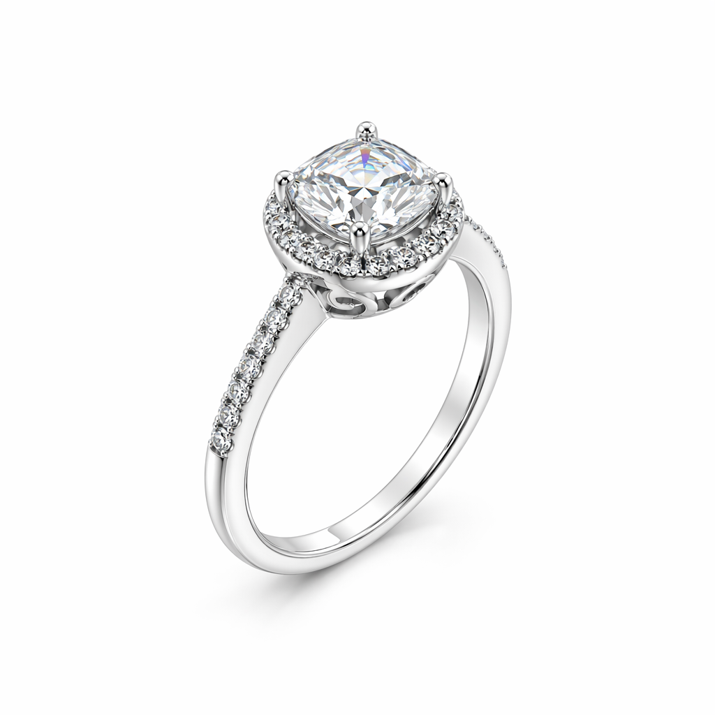 Bespoke halo diamond engagement ring close-up — D/E VVS lab grown | Tayam Sydney CBD