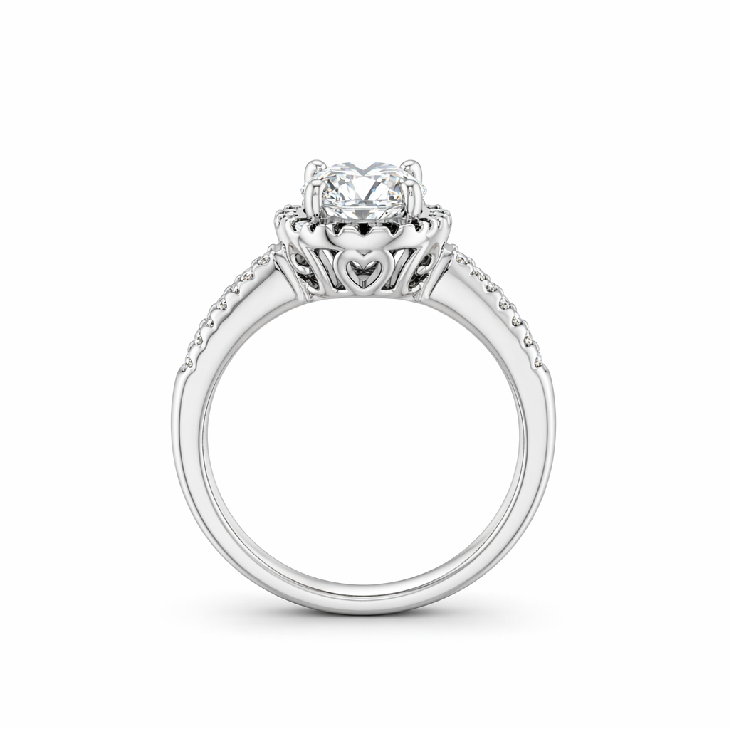 Halo diamond ring side profile — cut-claw band in 18K white gold | Tayam Jewellery Sydney
