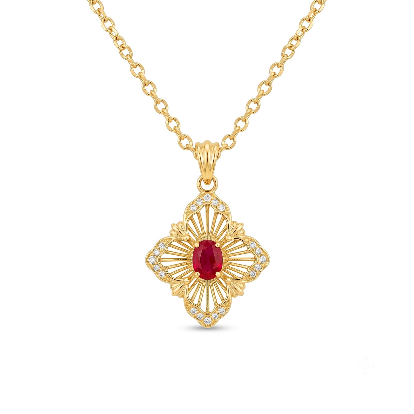 Natural Mozambique ruby quatrefoil pendant with diamond-set petals in 18K yellow gold | Tayam Jewellery Sydney