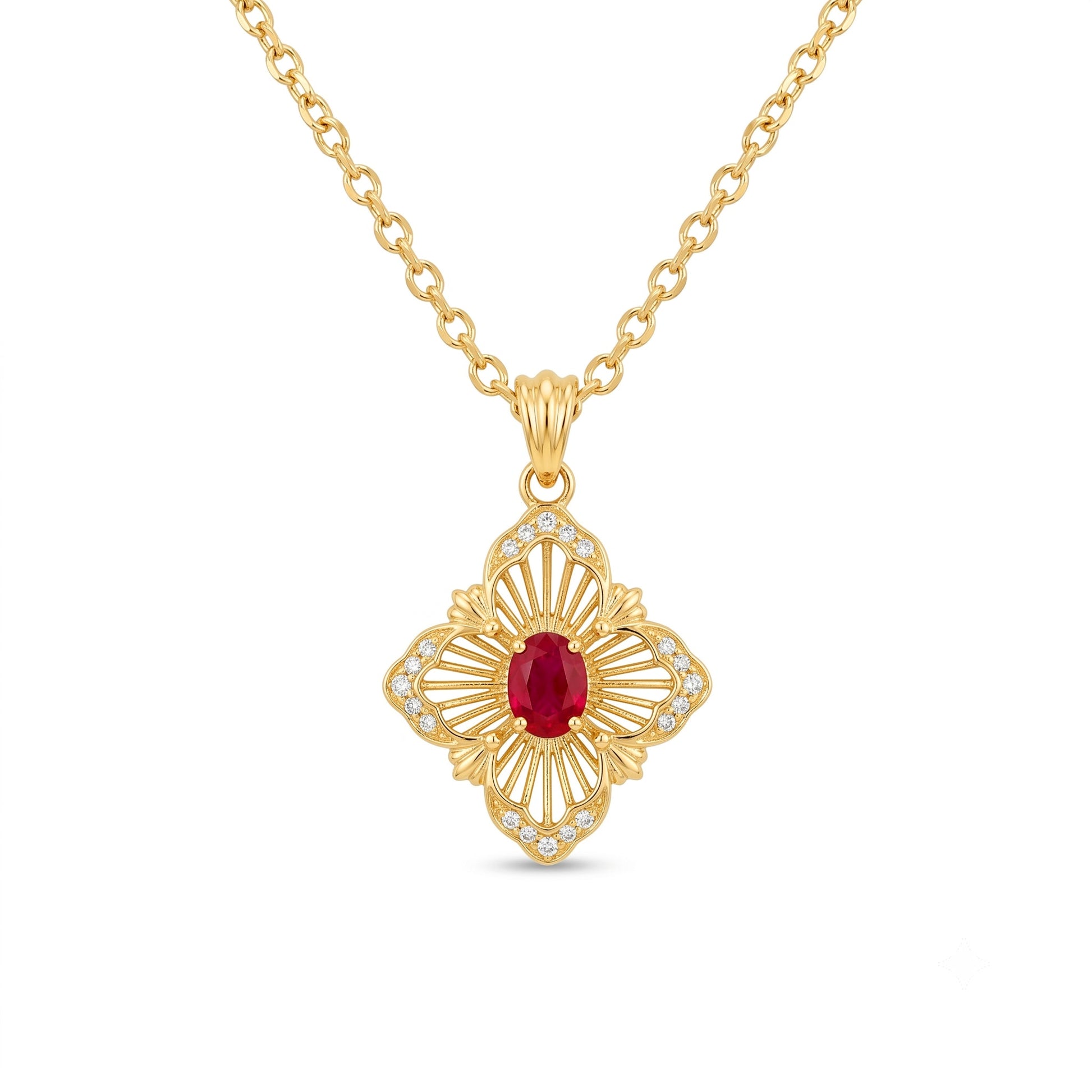 Natural Mozambique ruby quatrefoil pendant with diamond-set petals in 18K yellow gold | Tayam Jewellery Sydney