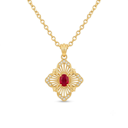 Natural Mozambique ruby quatrefoil pendant with diamond-set petals in 18K yellow gold | Tayam Jewellery Sydney