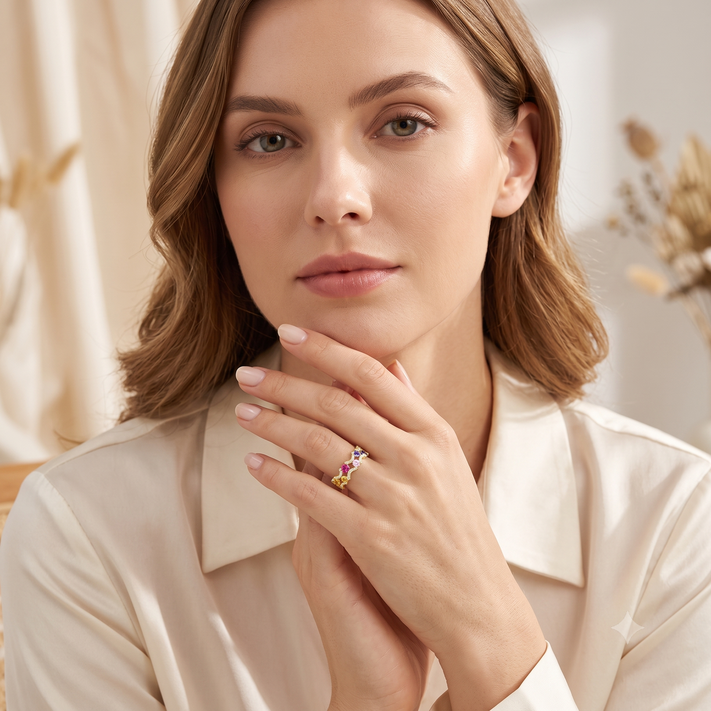 Multi-colour sapphire diamond ring close-up — vivid rainbow sapphires 14K gold | Tayam Sydney CBD