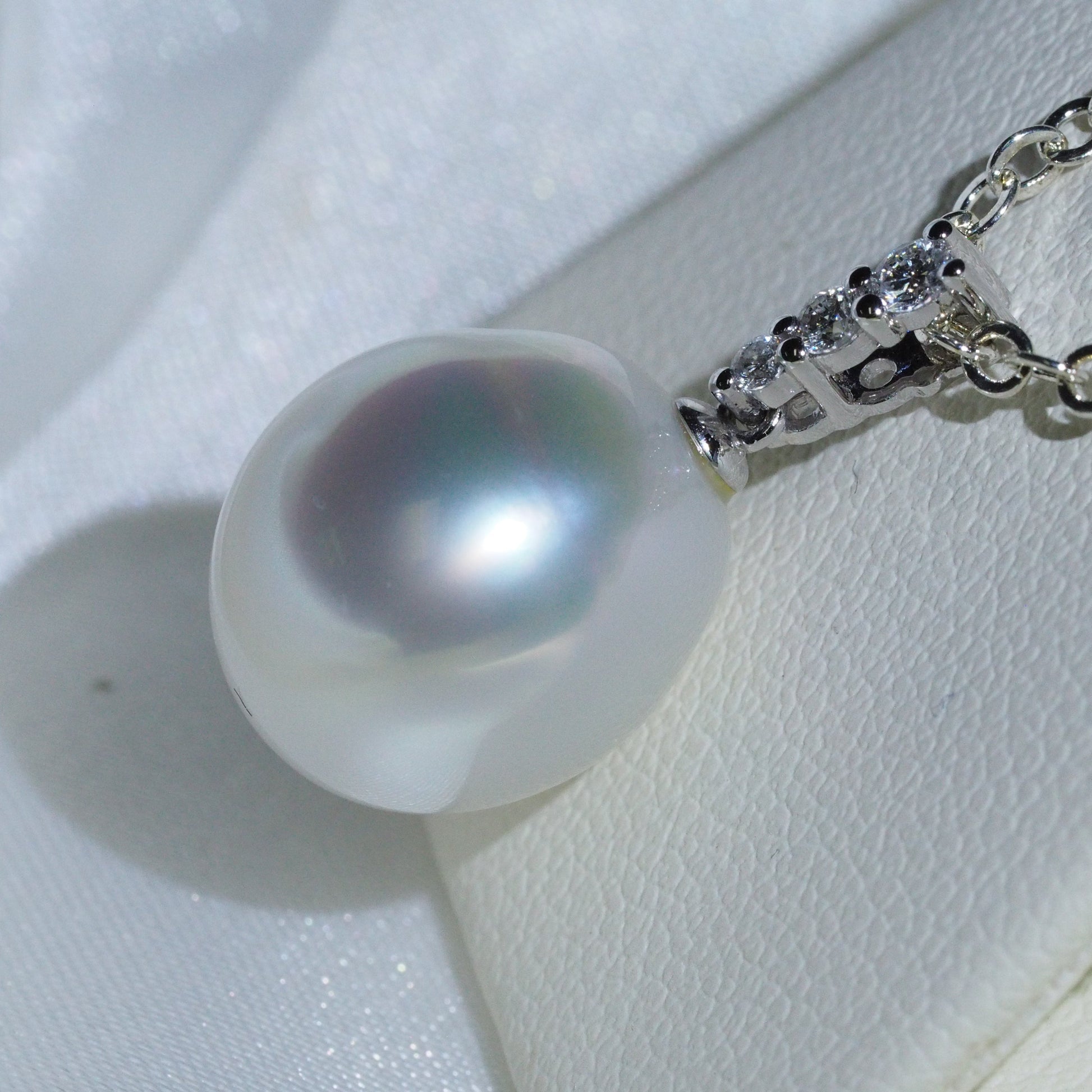 12-13mm oval South Sea pearl pendant side view — AAA lustre 18K white gold | Tayam Sydney CBD