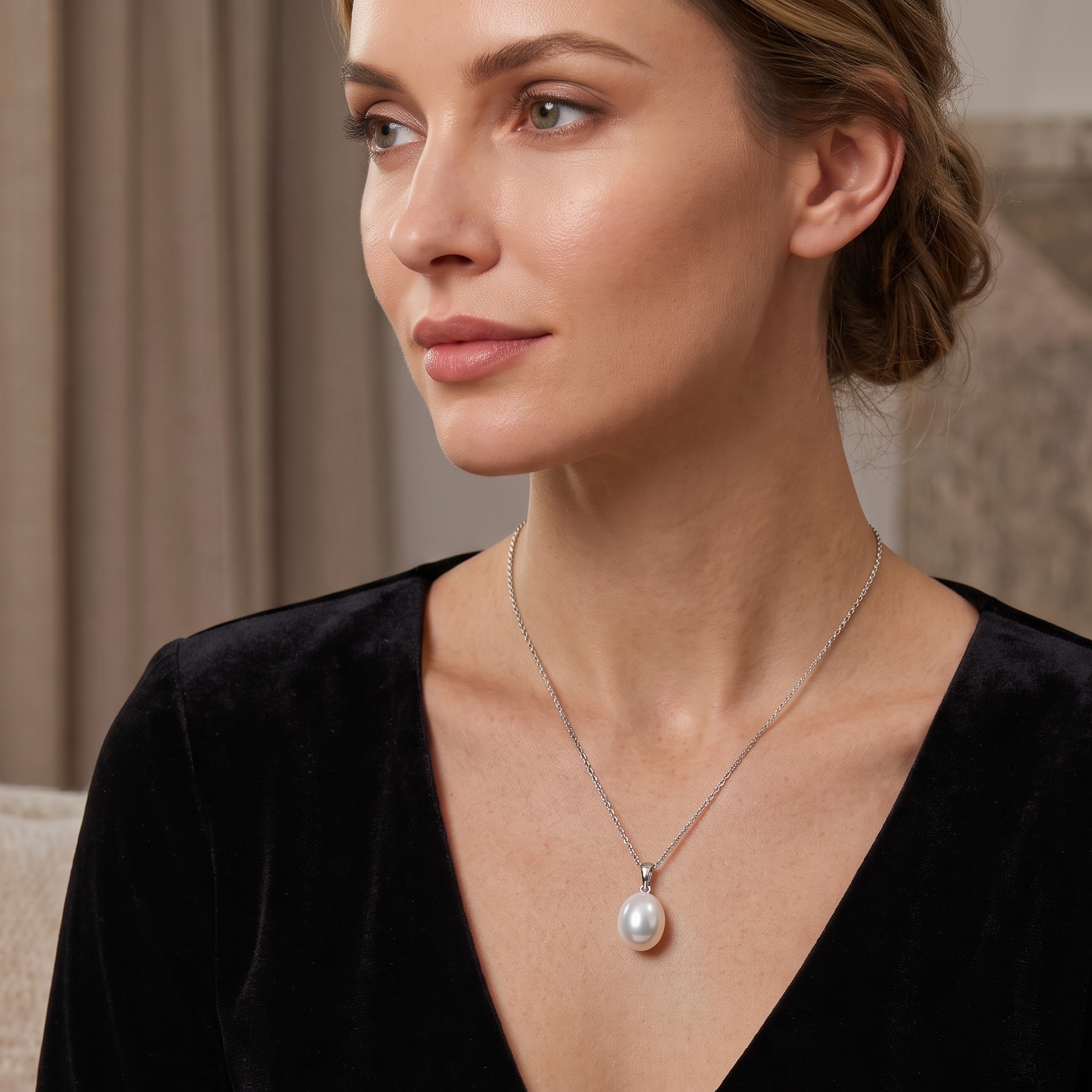 12-13mm oval South Sea pearl pendant side view — 18K white gold lab diamond | Tayam Sydney CBD