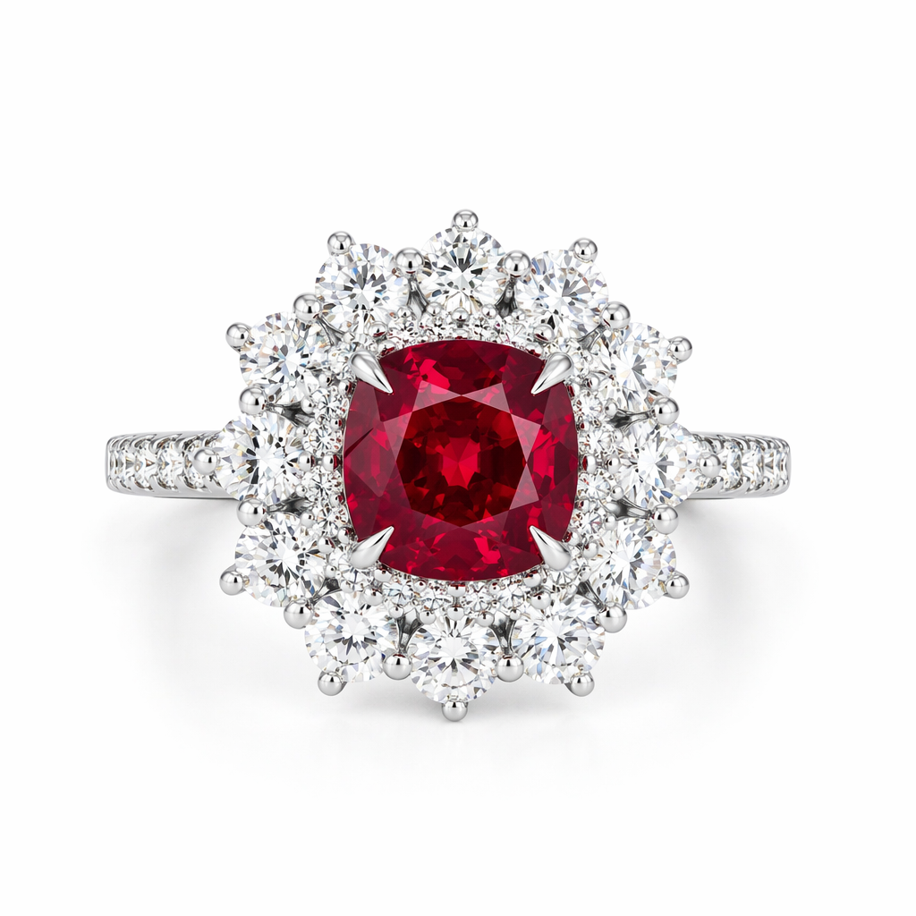 GRS certified unheated Pigeon's Blood ruby engagement ring with diamond sunburst halo in 18K white gold
