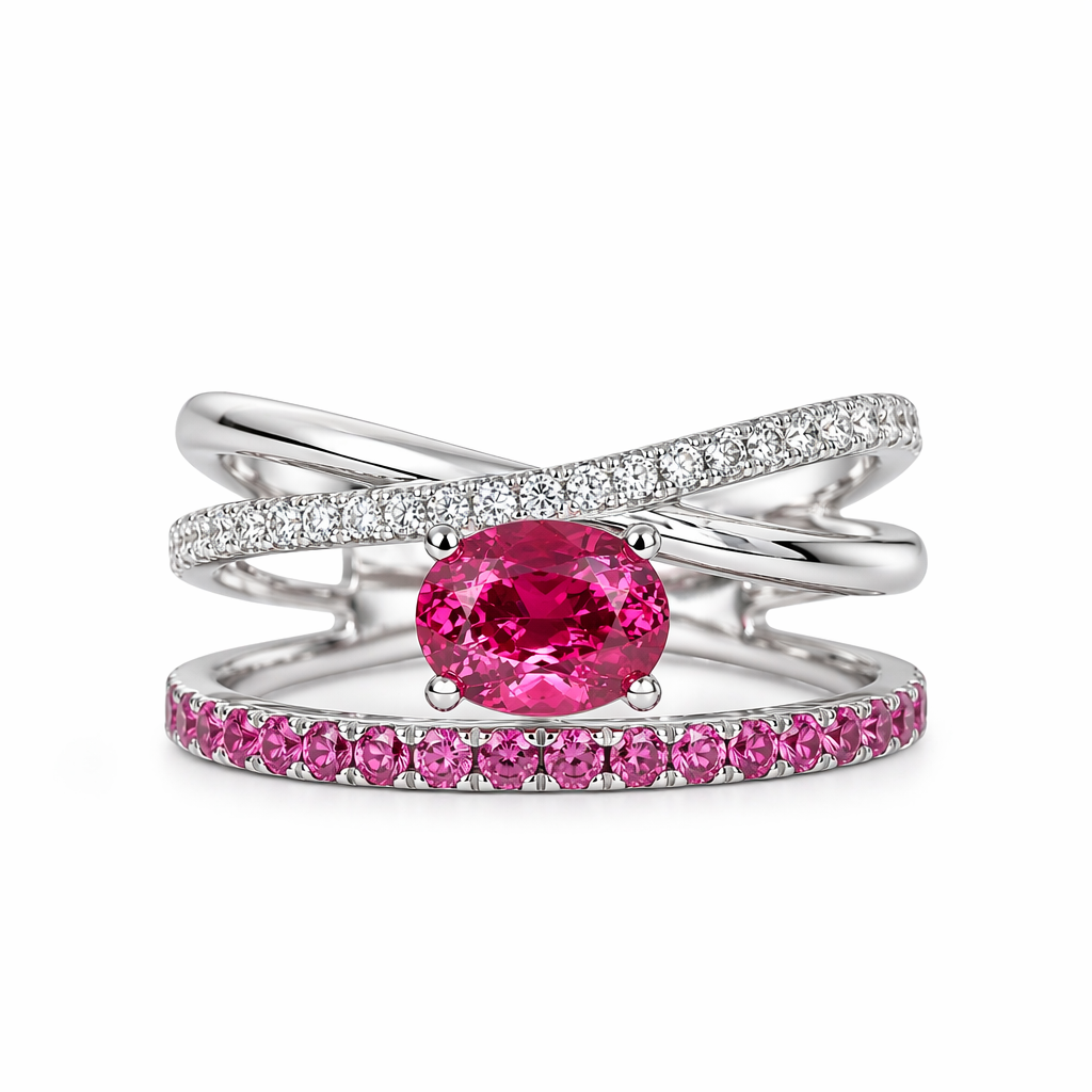 pink ruby central:50pt side ruby 0.3ct diamod 0.127  three line ring 9k | Tayam Jewellery