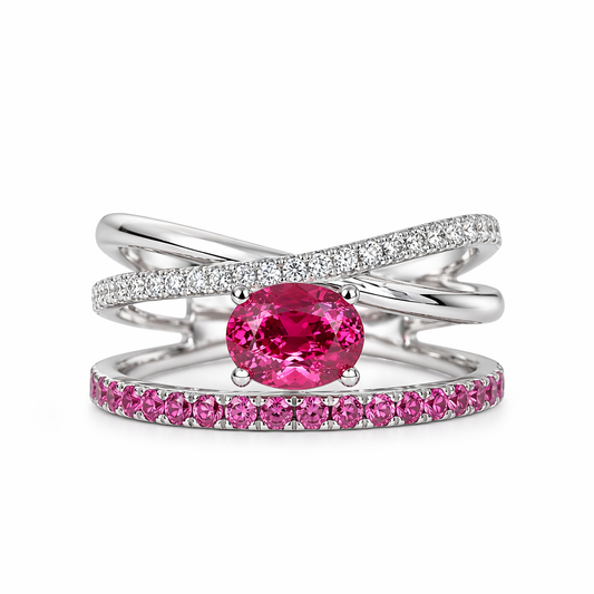 pink ruby central:50pt side ruby 0.3ct diamod 0.127  three line ring 9k | Tayam Jewellery