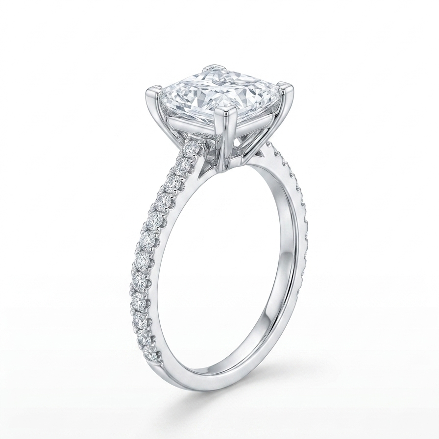 Bespoke princess cut diamond ring side profile — cut-claw pavé band in 18K white gold | Tayam Sydney