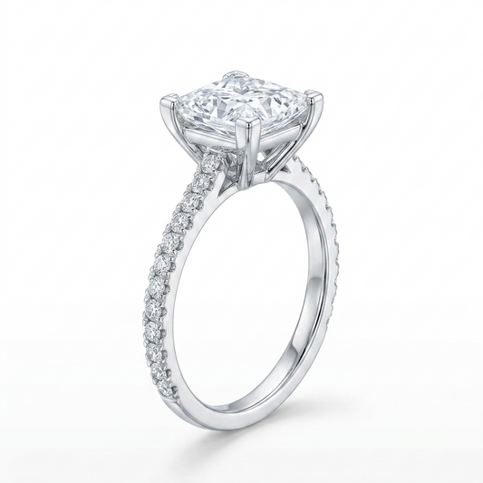 Bespoke princess cut diamond ring side profile — cut-claw pavé band in 18K white gold | Tayam Sydney