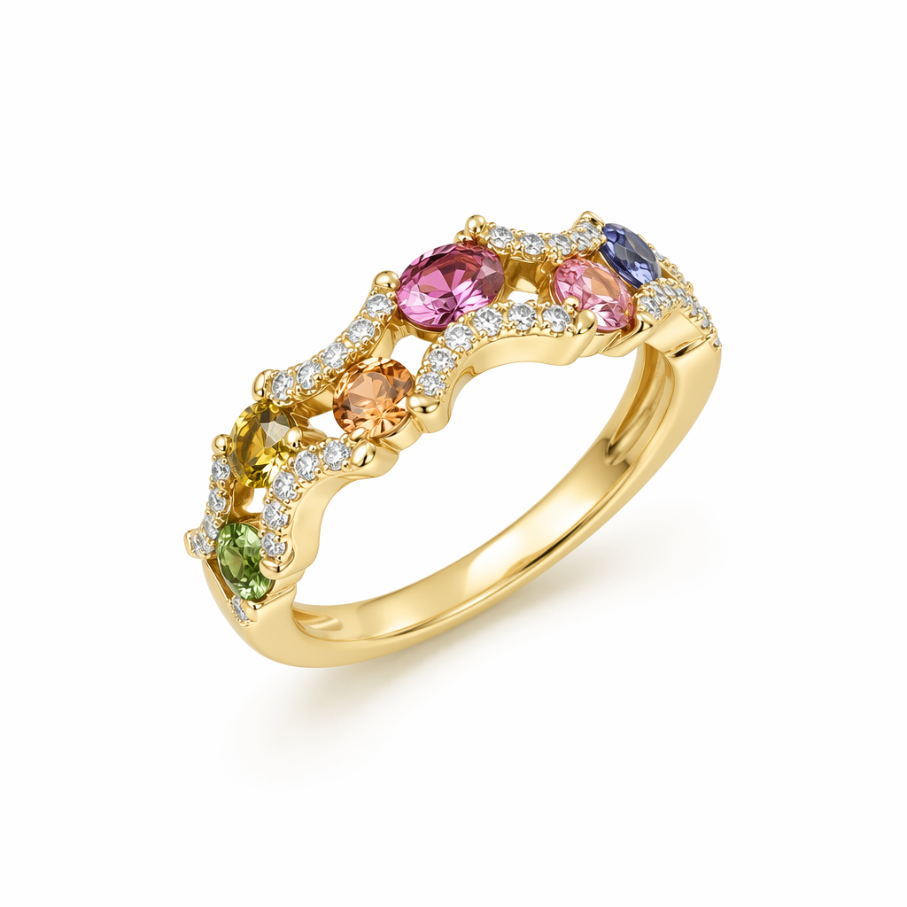 Rainbow sapphire diamond wave ring in 14K yellow gold — multi-colour oval sapphires | Tayam Sydney CBD