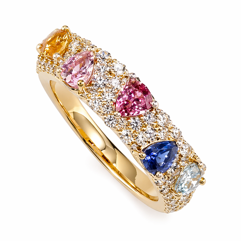 5-stone rainbow sapphire ring with yellow, pink, purple and blue sapphires in 18K gold | Sydney CBD