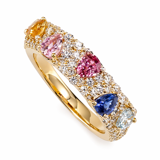 5-stone rainbow sapphire ring with yellow, pink, purple and blue sapphires in 18K gold | Sydney CBD