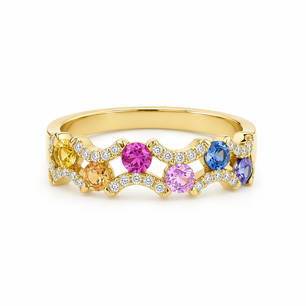 Rainbow sapphire ring top view — pink orange yellow green blue sapphires with diamonds | Tayam Sydney