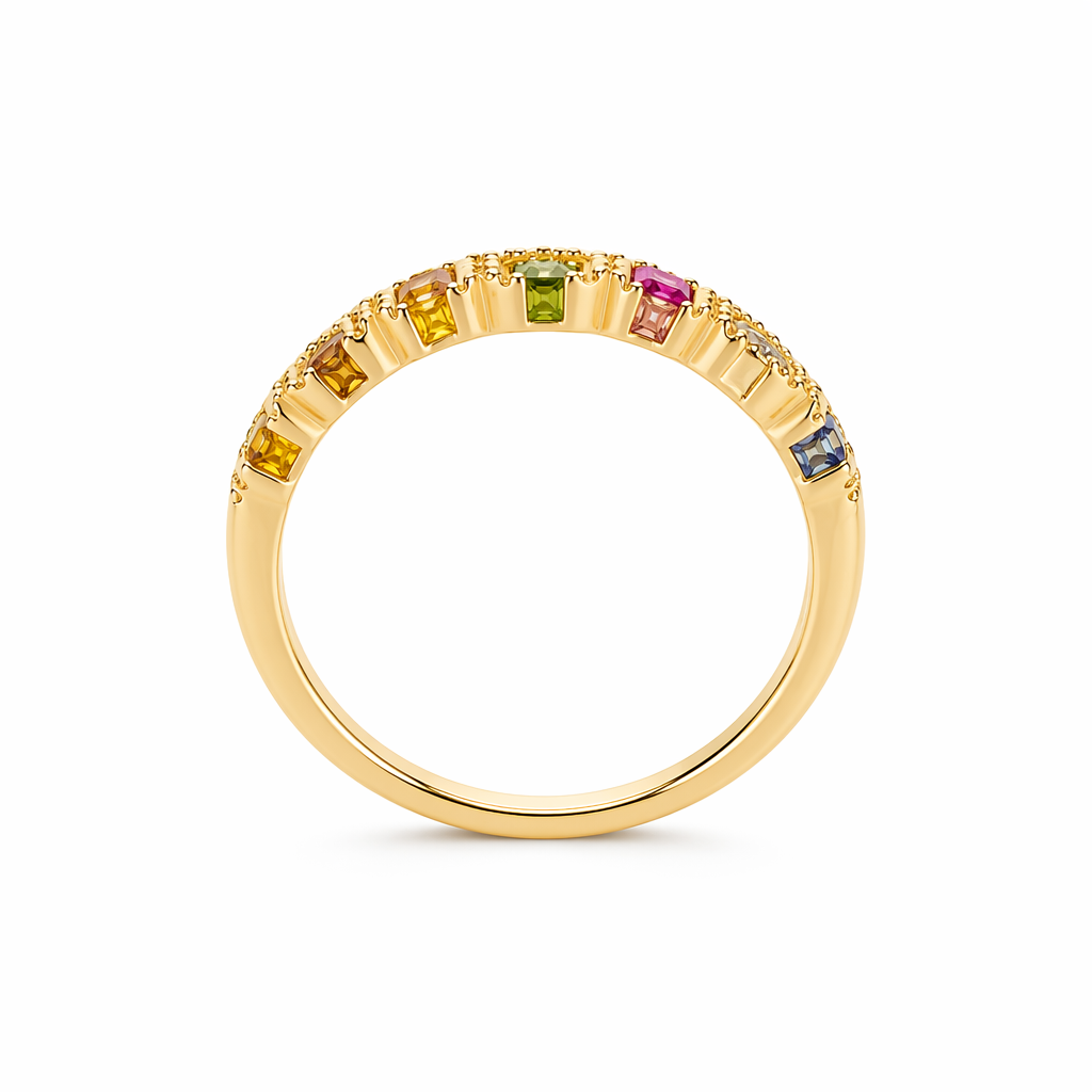 Rainbow sapphire wave ring side profile — 14K yellow gold diamond accents | Tayam Jewellery Sydney