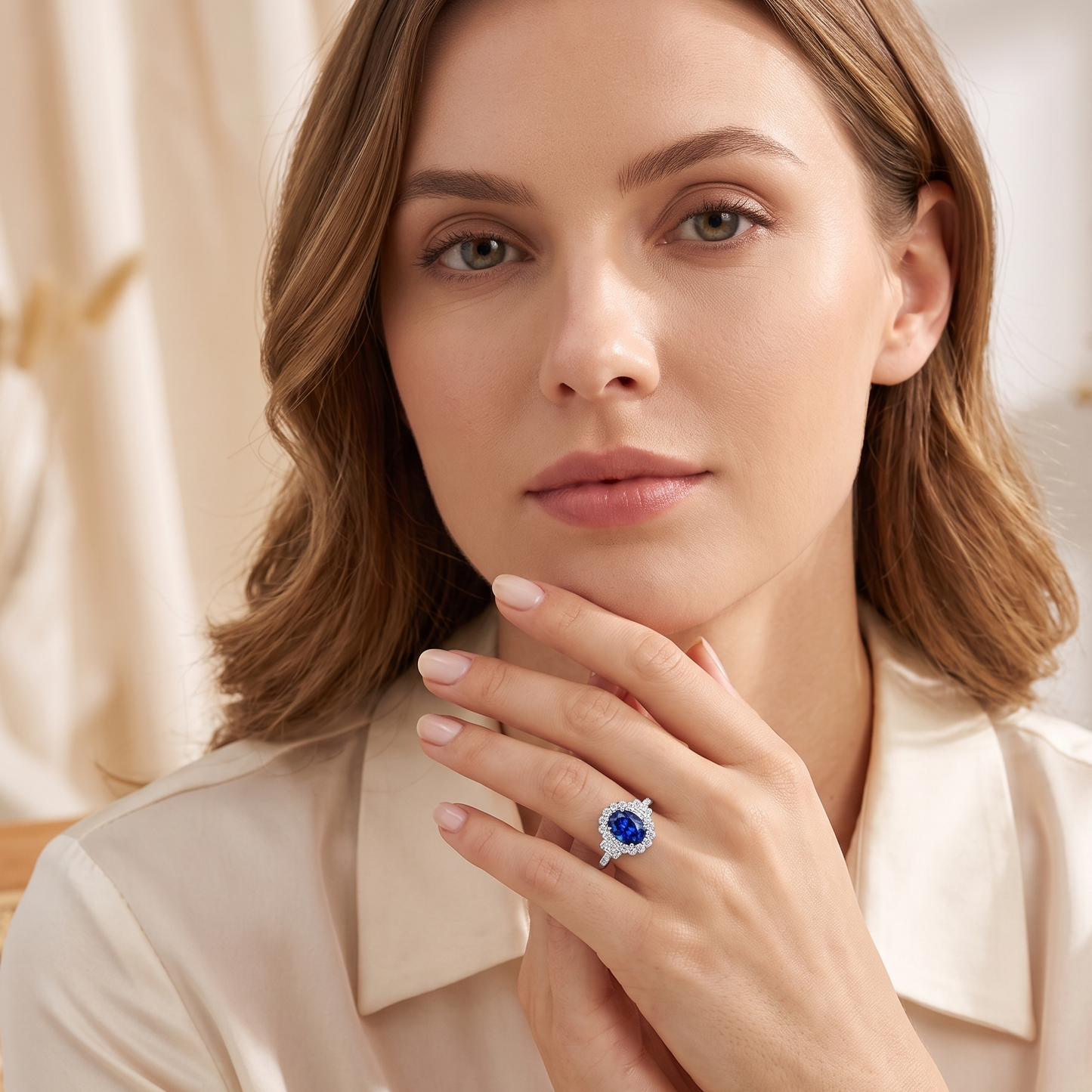 Royal blue Ceylon sapphire ring side profile — 18K white gold diamond band | Tayam Sydney CBD