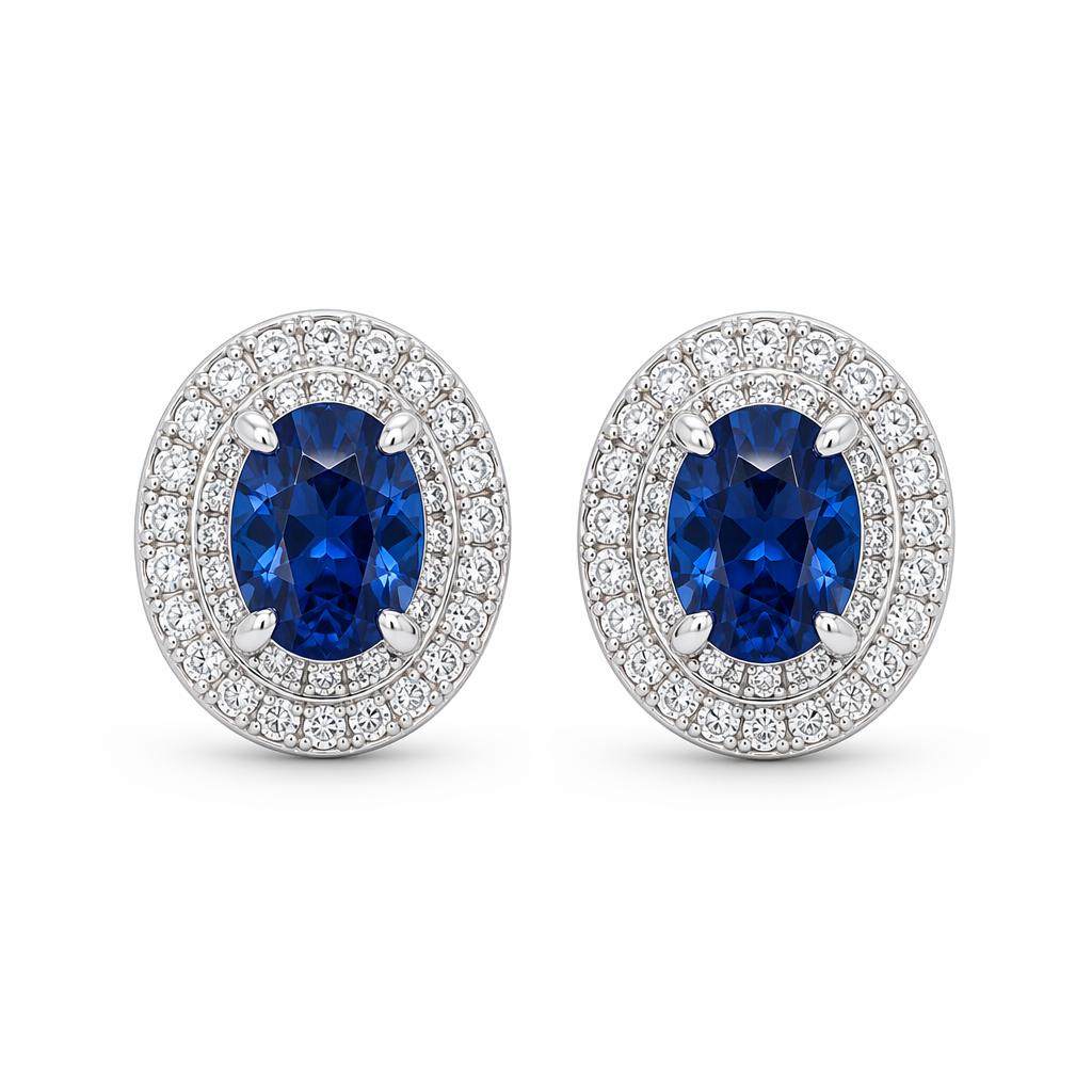 Royal blue sapphire diamond stud earrings with double halo — 18K white gold oval cut | Tayam Sydney CBD