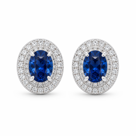 Royal blue sapphire diamond stud earrings with double halo — 18K white gold oval cut | Tayam Sydney CBD