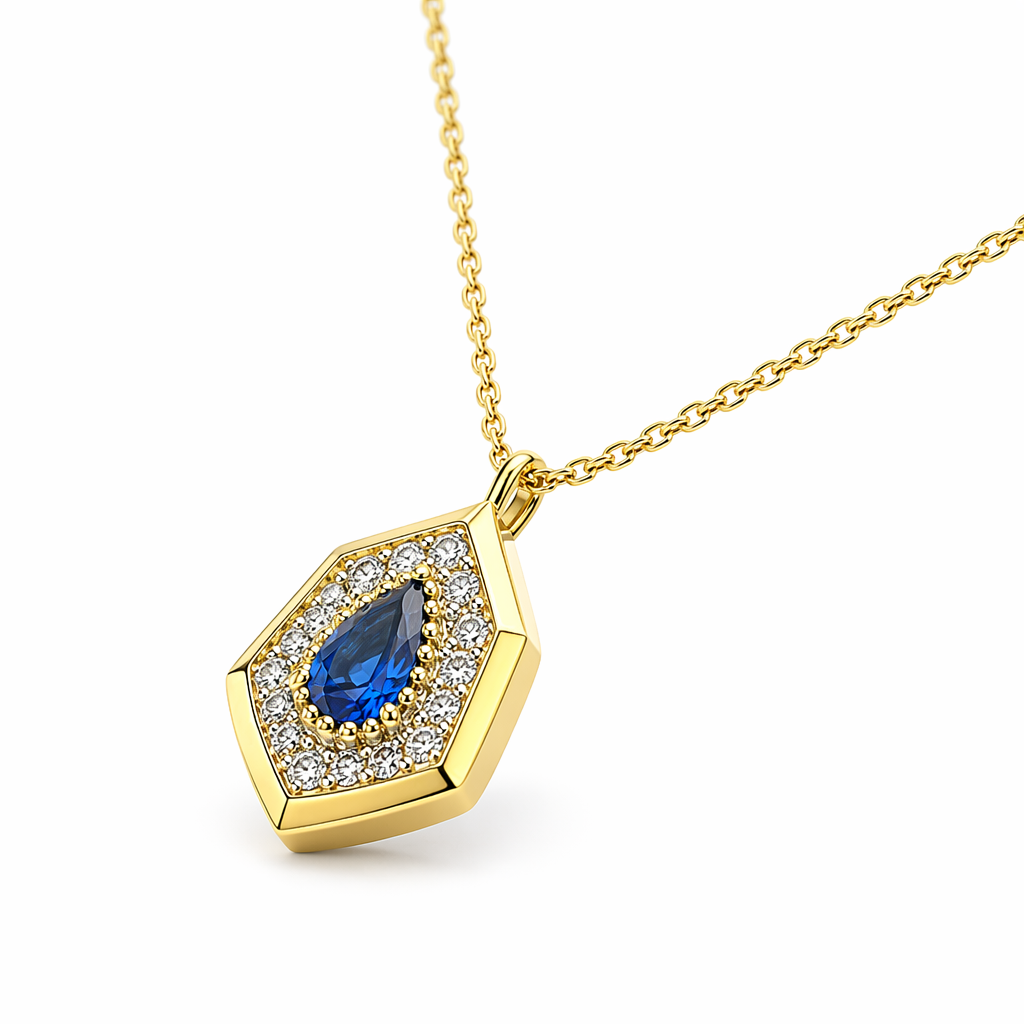 Royal blue sapphire diamond pendant side profile — 9K yellow gold modern design | Tayam Sydney CBD