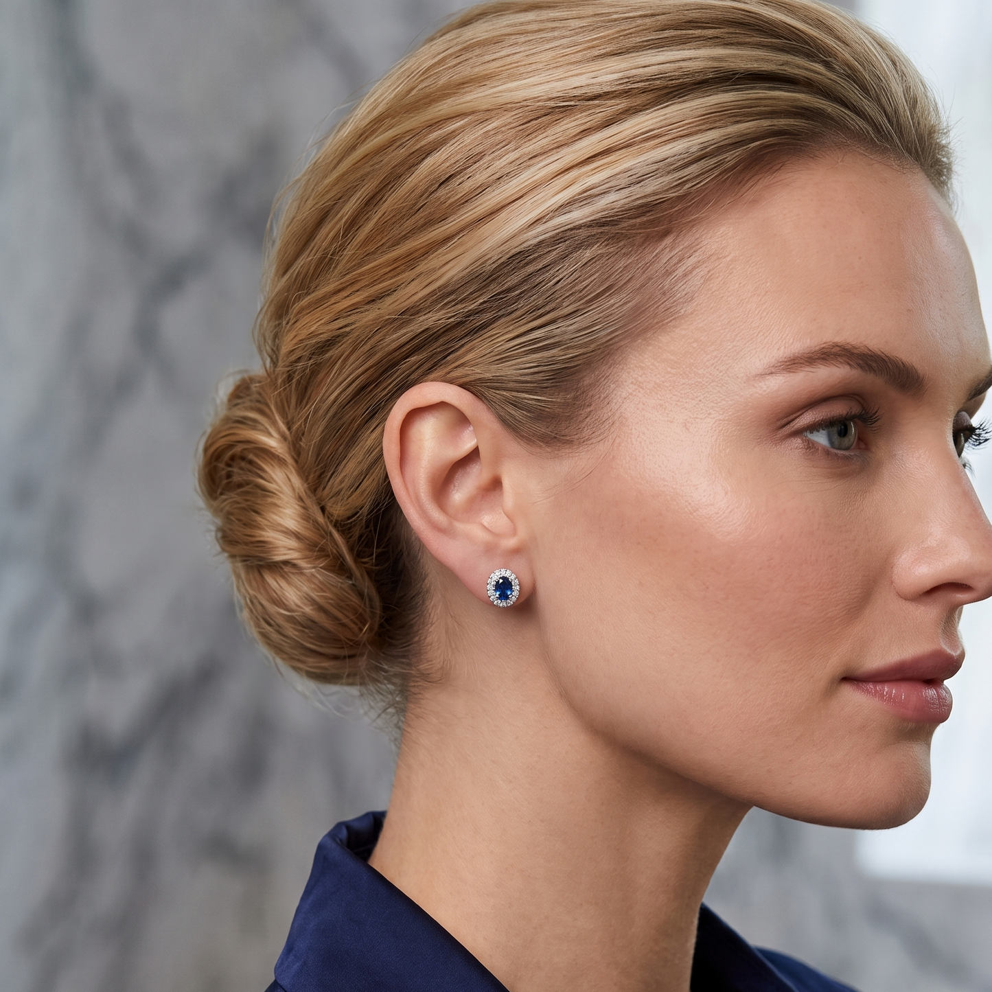 Royal blue sapphire stud earrings side profile — classic double halo design | Tayam Sydney CBD