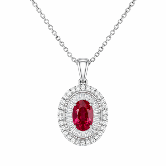 Ruby diamond double halo pendant in 18K white gold with chain