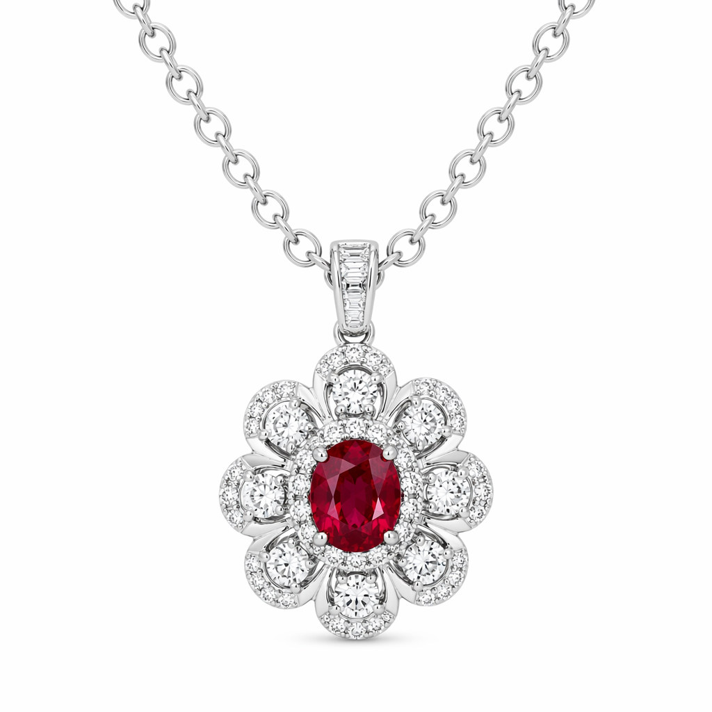 Ruby diamond flower halo pendant in 18K white gold with chain