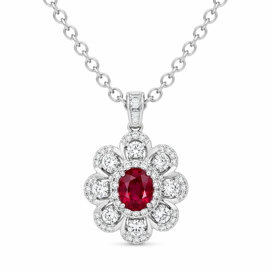Ruby diamond flower halo pendant in 18K white gold with chain