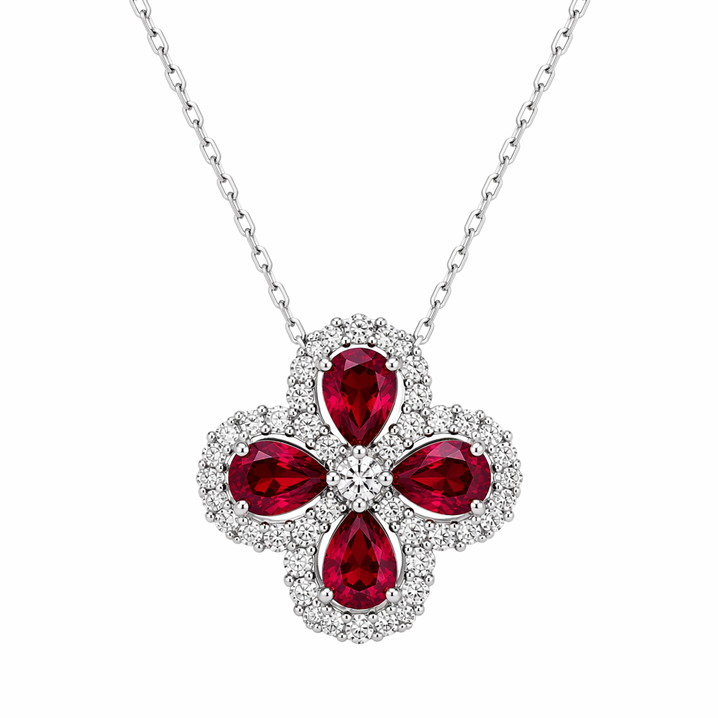 Ruby diamond four-leaf clover necklace in 18K white gold with integrated chain