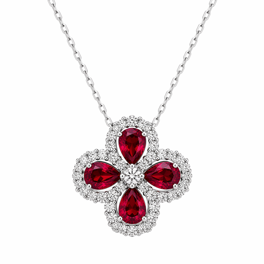 Ruby diamond four-leaf clover necklace in 18K white gold with integrated chain