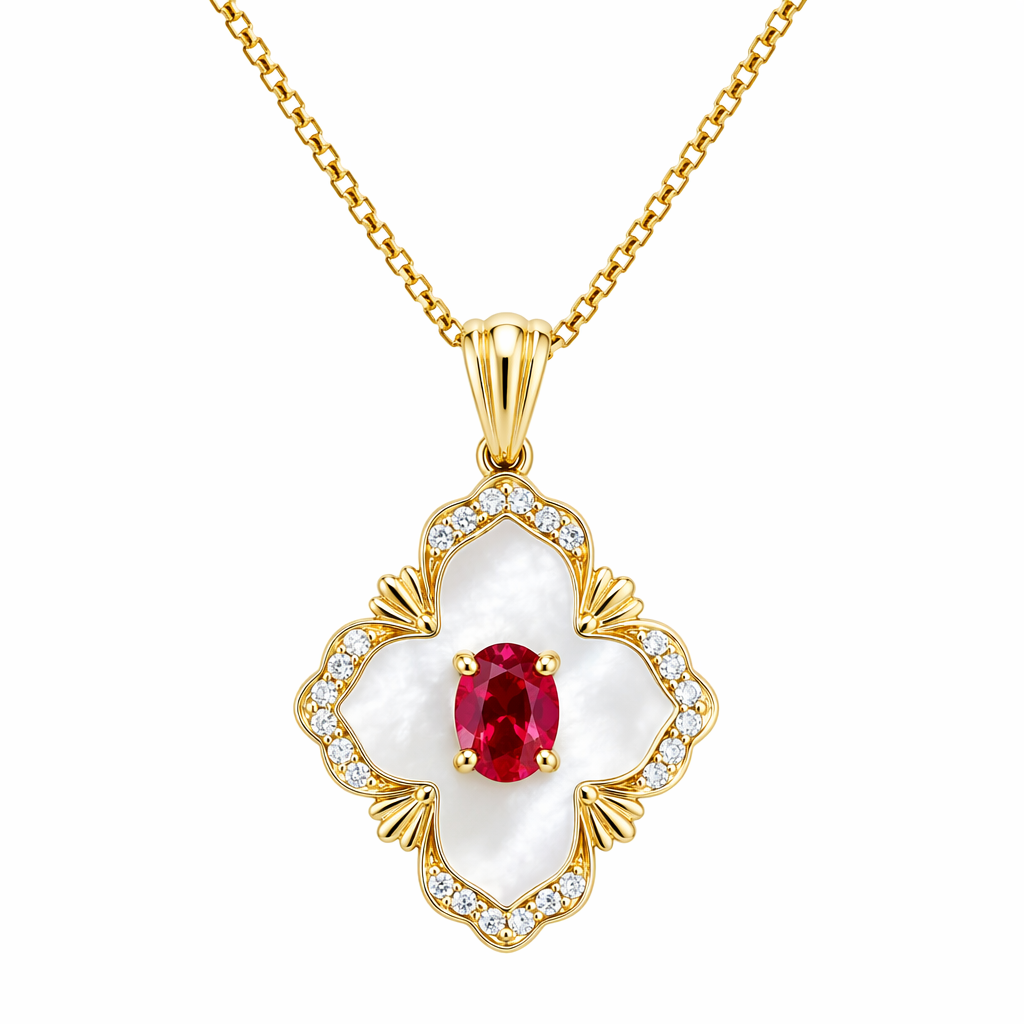 Ruby and mother-of-pearl quatrefoil pendant in 18K yellow gold with chain