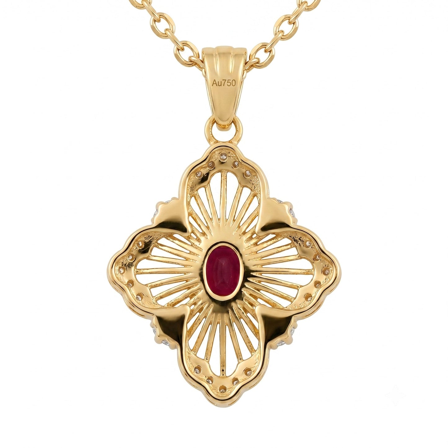 18K yellow gold setting and craftsmanship detail on ruby quatrefoil pendant | July birthstone gift