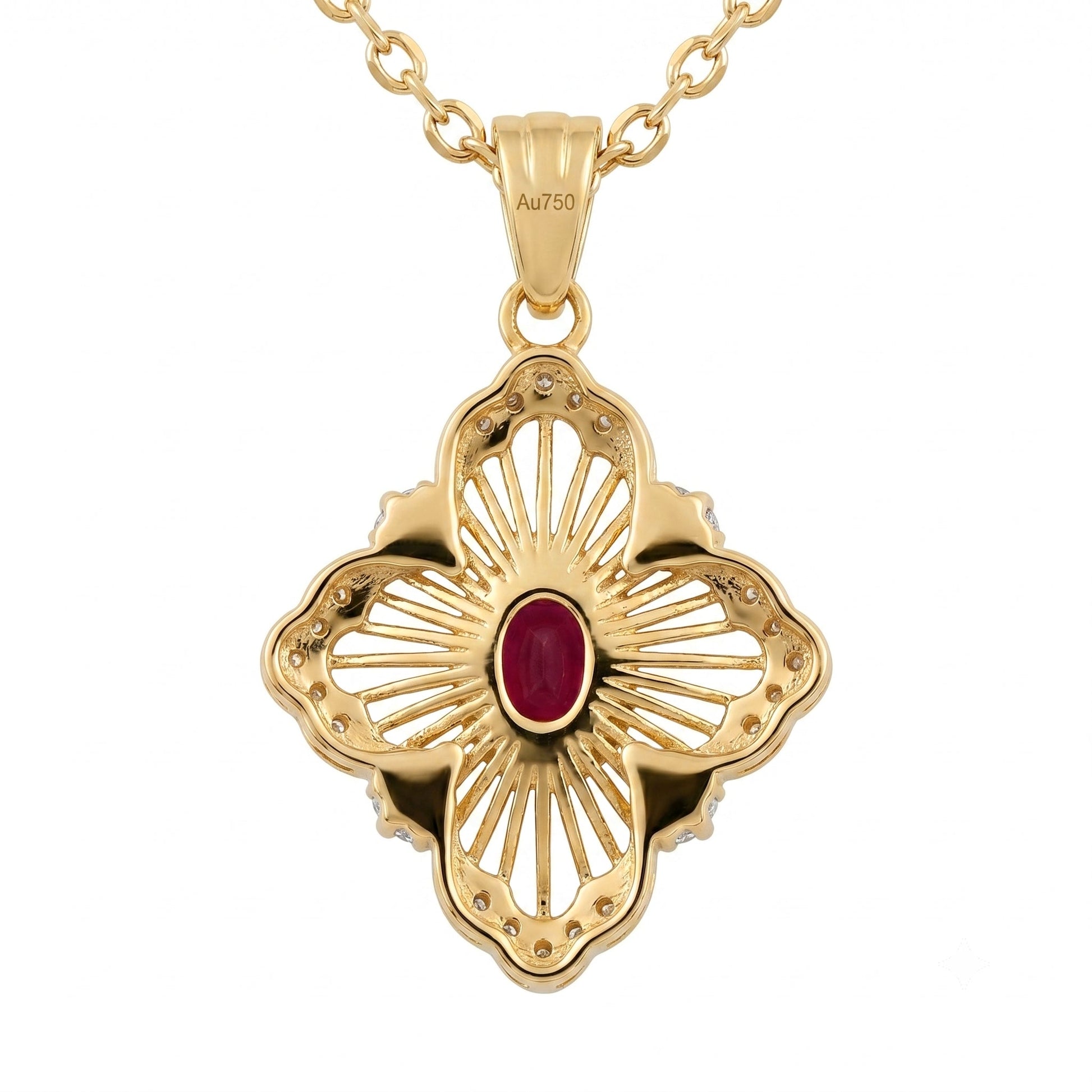 18K yellow gold setting and craftsmanship detail on ruby quatrefoil pendant | July birthstone gift