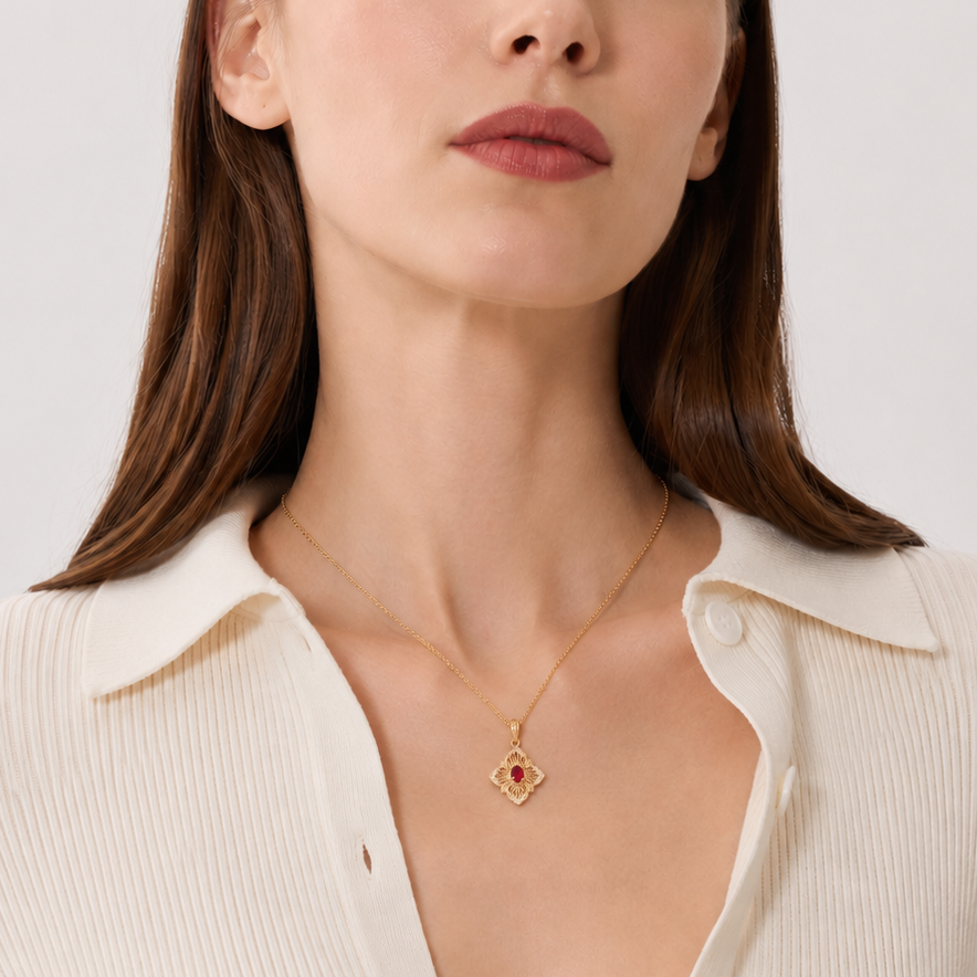 Vintage Ruby Quatrefoil Pendant in 18K Yellow Gold & Diamonds | Sydney CBD | Tayam Jewellery