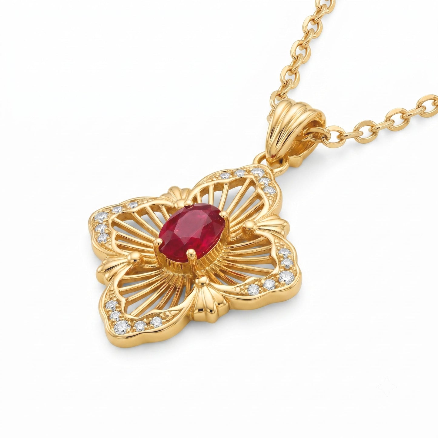 Vintage ruby pendant showing vivid red gemstone and 18K yellow gold detail with natural diamonds