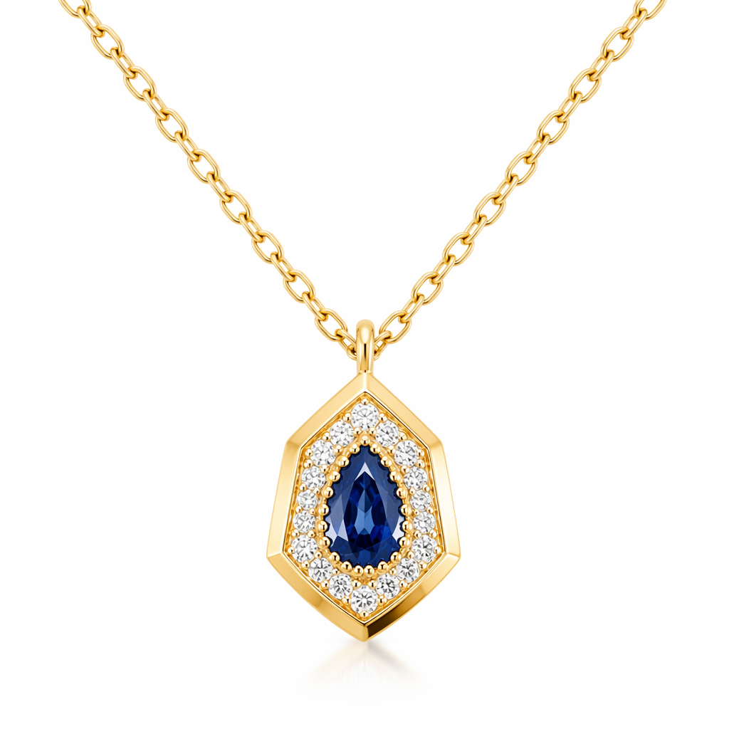 Sapphire diamond pendant with geometric halo in 9K yellow gold — pear cut royal blue sapphire | Tayam Sydney CBD