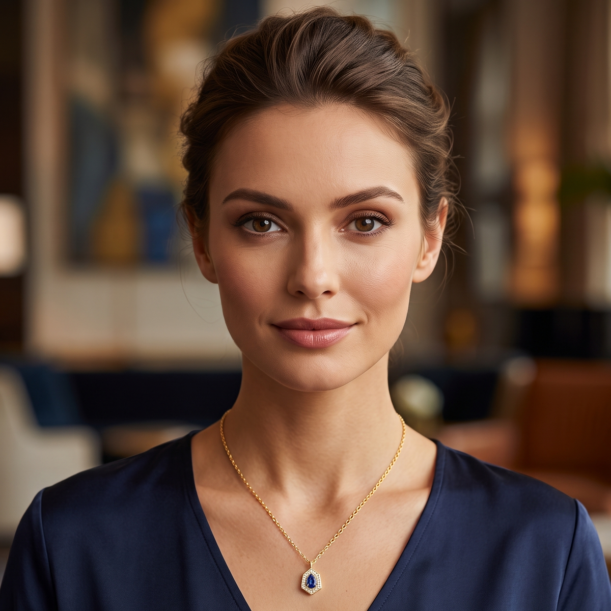 Sapphire geometric pendant detail — pear cut sapphire diamond halo 9K gold | Tayam Sydney