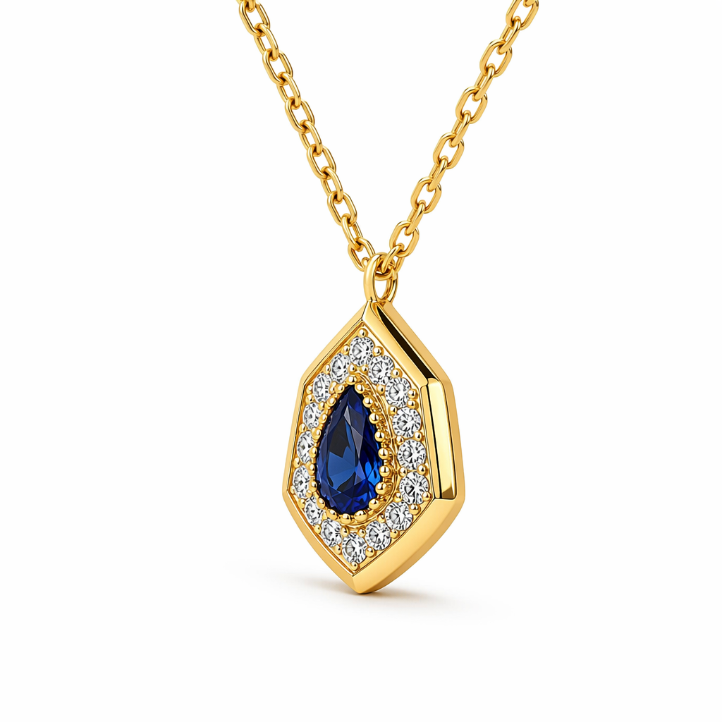 Sapphire pendant close-up — geometric diamond halo shield outline | Tayam Jewellery Sydney