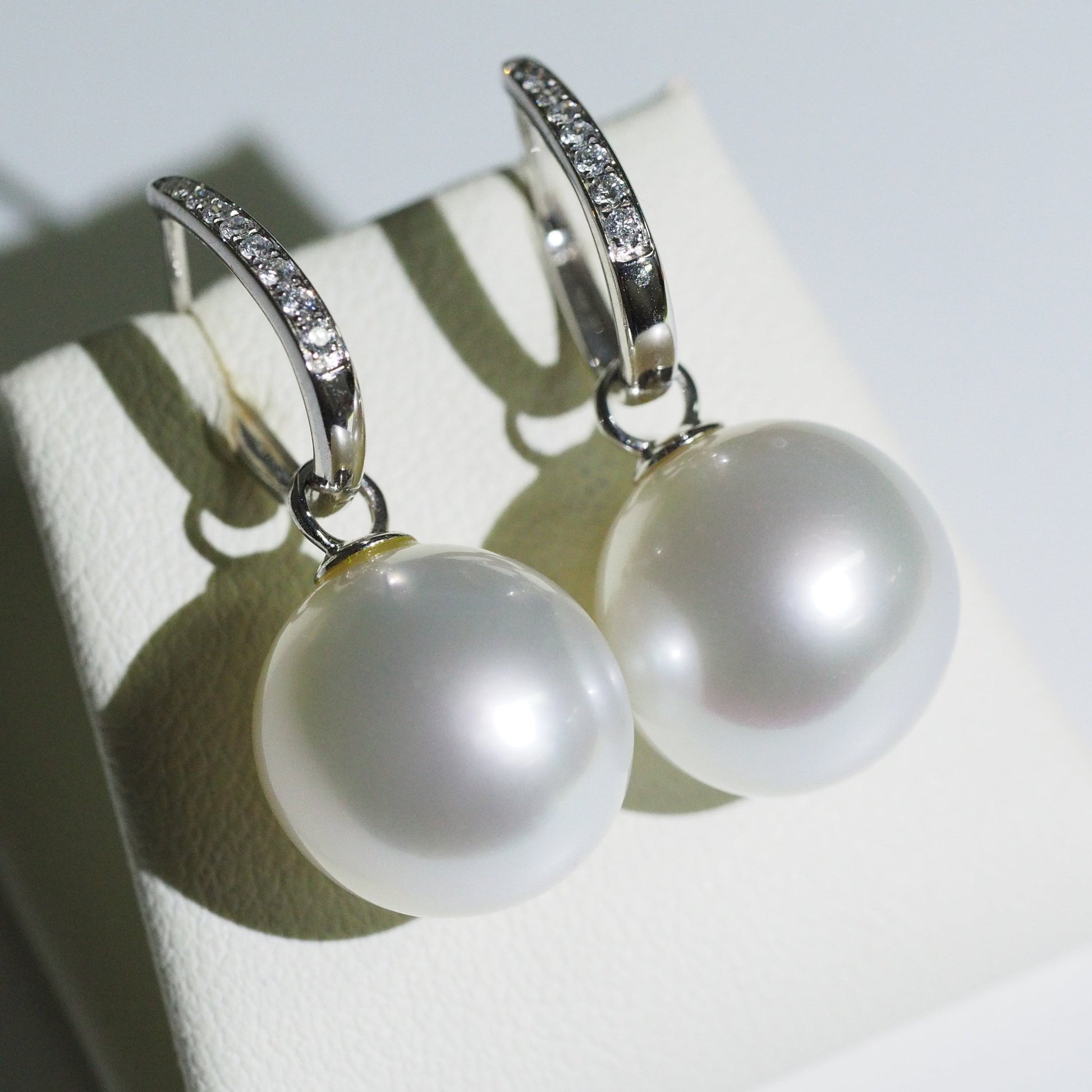 South Sea pearl drop earrings close-up — pink overtones AAA lustre 9K white gold | Tayam Jewellery Sydney