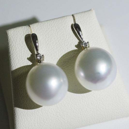 South Sea pearl drop earrings close-up — pink blue overtones AAA lustre 18K white gold | Tayam Jewellery Sydney