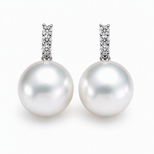 South Sea pearl drop earrings with lab diamonds — 9K white gold 12-12.5mm | Tayam Sydney CBD