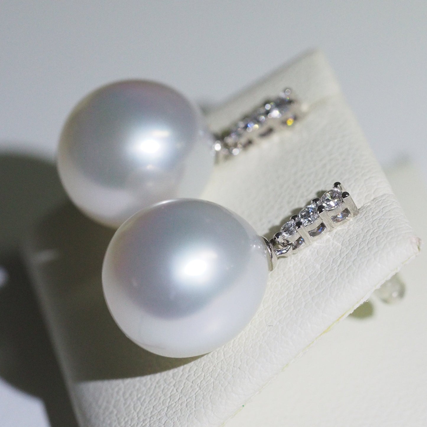 South Sea pearl drop earrings side view — lab diamond 9K white gold | Tayam Sydney CBD
