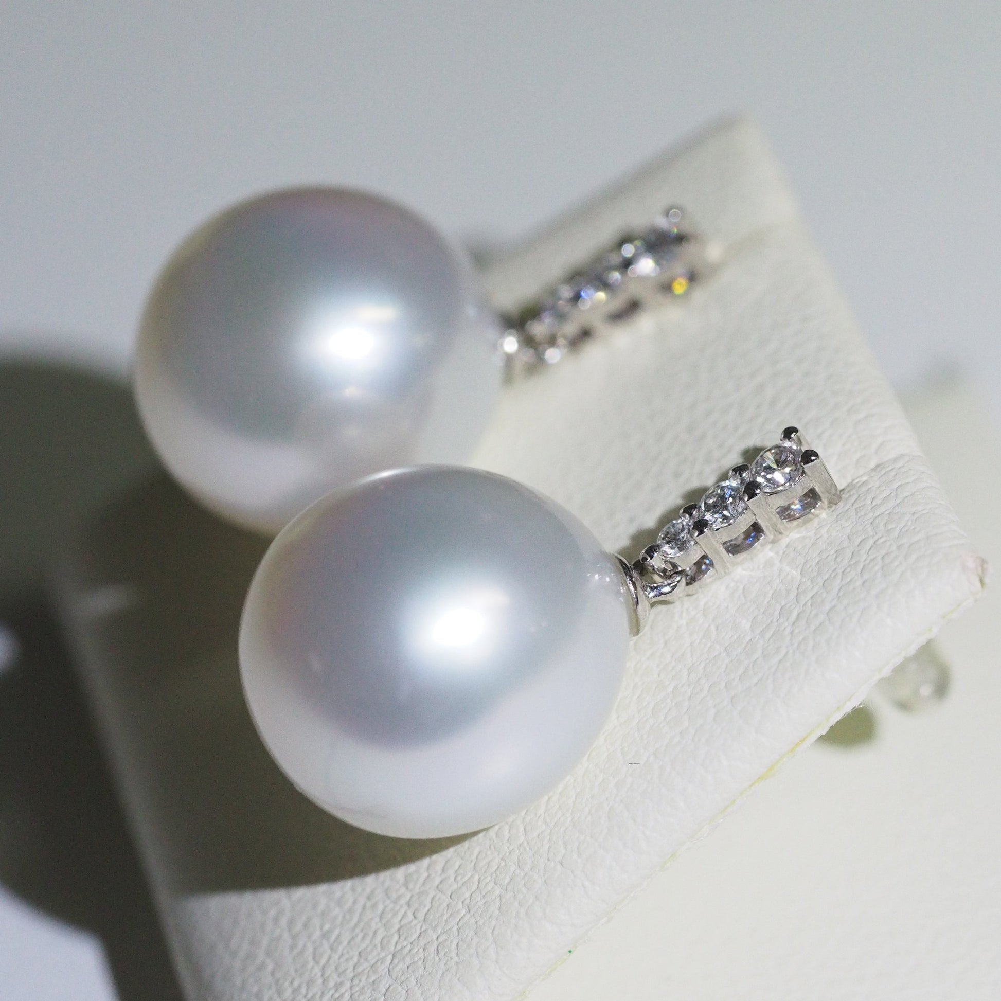 South Sea pearl drop earrings side view — lab diamond 9K white gold | Tayam Sydney CBD