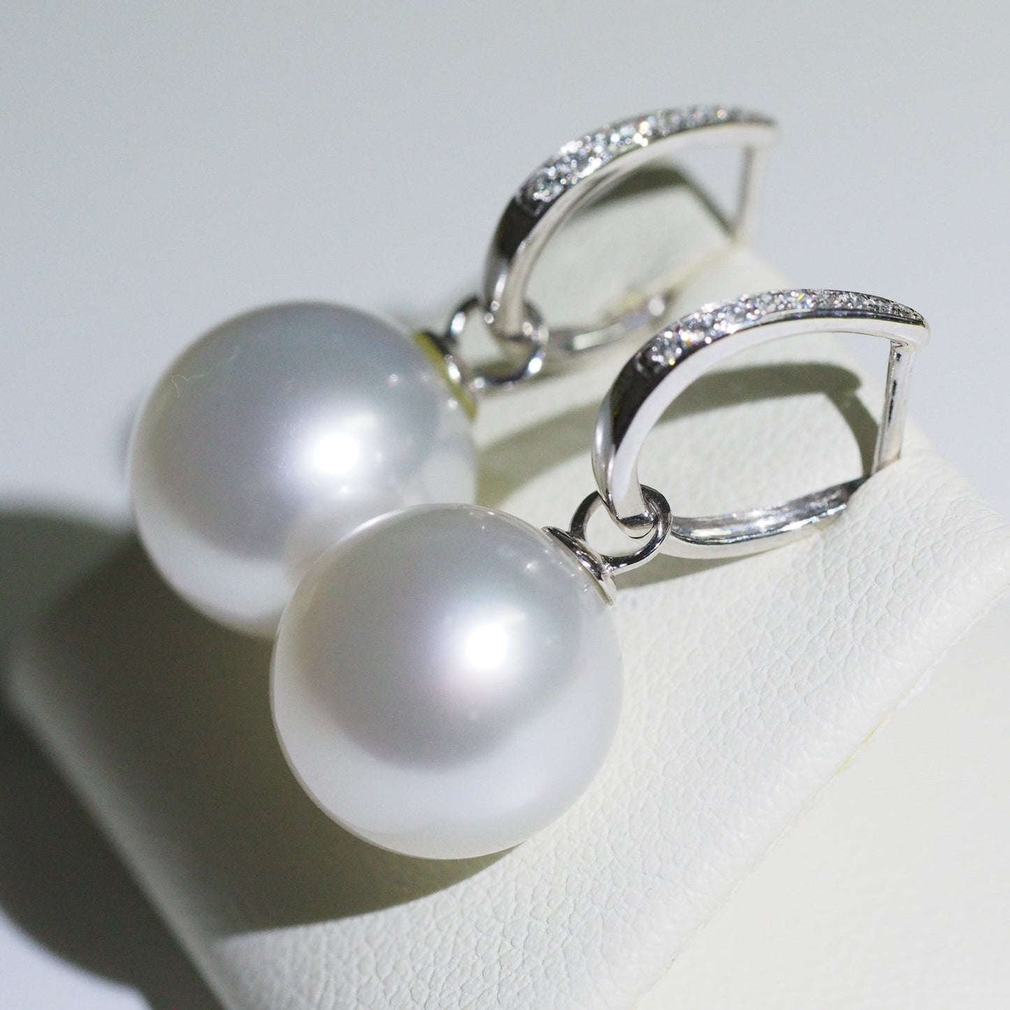 South Sea pearl drop earrings side view — lab diamond 9K white gold | Tayam Sydney CBD